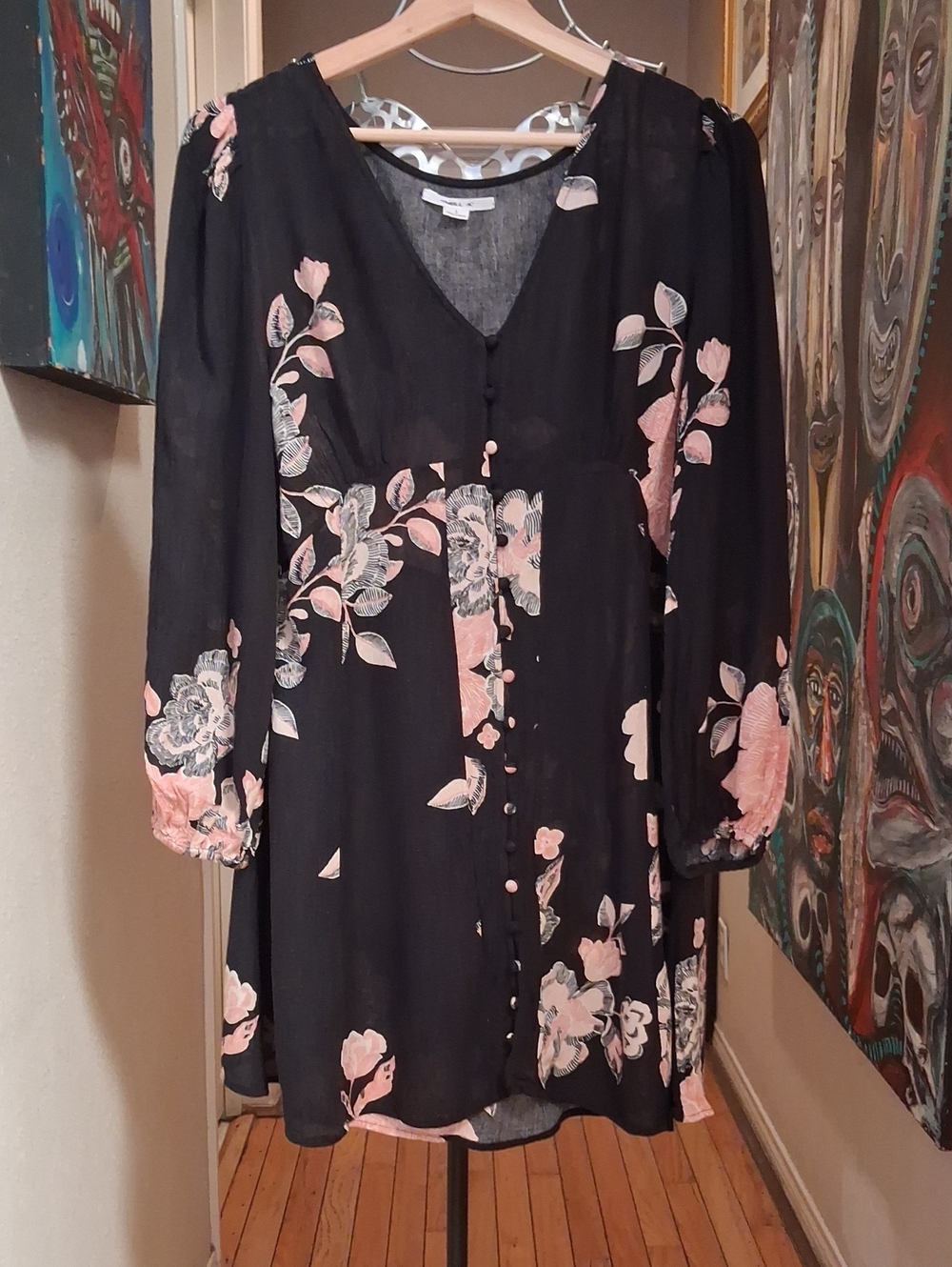 Oneil Black Floral Button-Front Dress with Pink Blooms